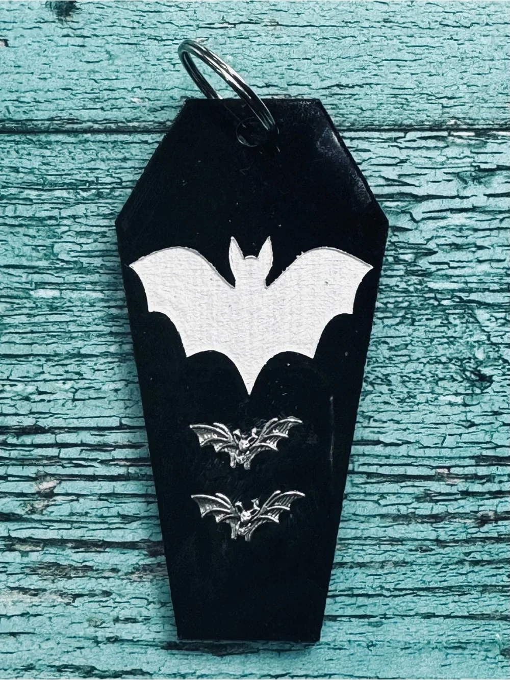 Black Coffin Bat Keychain with Silver Accents -handmade acrylic
